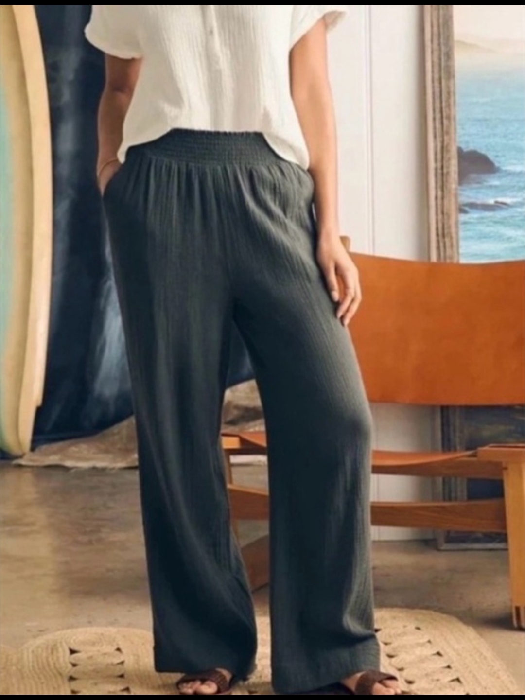 Faherty Dream Organic Cotton Gauze Wide Leg Pants Gray Women Xs Coastal Beach